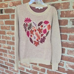 LOFT Tan Sweater with Colorful Leaf Pattern
